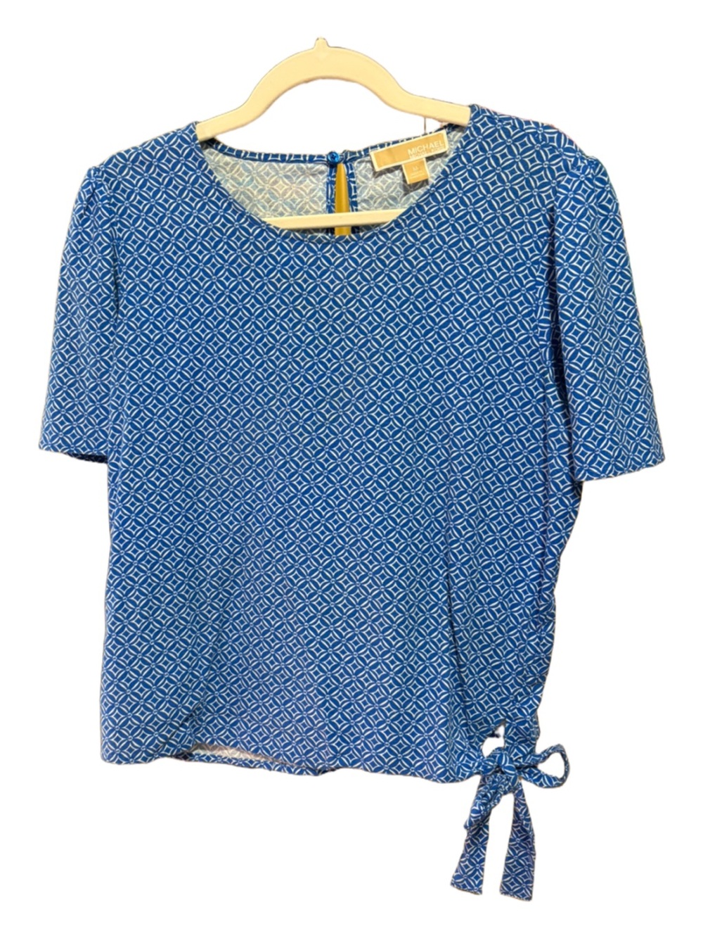 Michael Kors, Grecian Blue Geometric Linen Blend Side-Tie Top – Medium